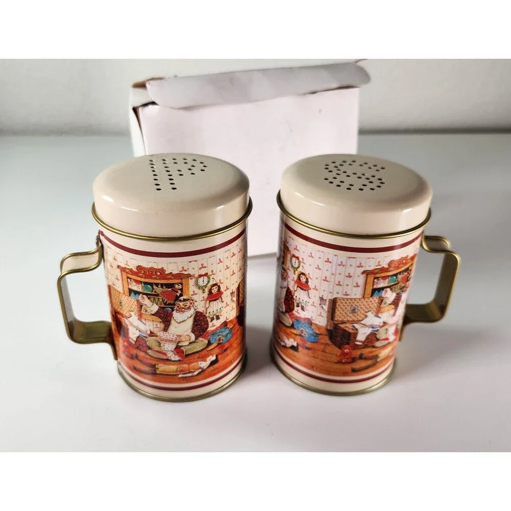 Vtg Concepts Intl. Tin Salt and Pepper Shakers Santa’s Workshop Christmas Set 4